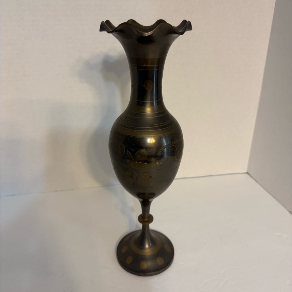 Vintage Brass Tall Skinny Vase Hand Etched Flowers Made in India